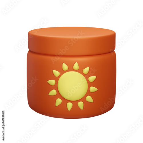 3D sunscreen cosmetic product jar isolated on white. Orange sunscreen cream bottle 3D vector illustration. Sun safety makeup, summer beauty treatment, UV lights protection for beach travel vacation.
