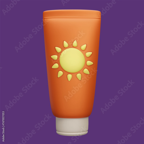 3D sunscreen lotion tube vector illustration. Orange sunblock SPF cosmetic product bottle cartoon 3D render. Sun safety UV light protection summer beauty facial treatment. 3D makeup design element.