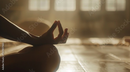 A tranquil silhouette of someone practicing meditation in a serene, sunlit space, exuding calm and mindfulness.