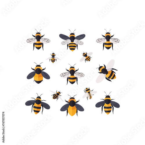Honey bee set. Cartoon flying insects, winged honeybee, cute striped bumblebee insects flat vector illustration collection.