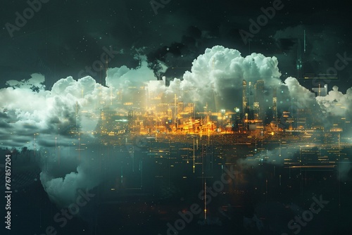 a city with lights and clouds