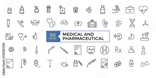 Pharmacy icon set. medication, prescription, treatment, health and syringe symbol. scientific discovery and disease prevention signs. Medical healthcare, doctor line icons.