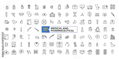 Pharmacy icon set. medication, prescription, treatment, health and syringe symbol. scientific discovery and disease prevention signs. Medical healthcare, doctor line icons.