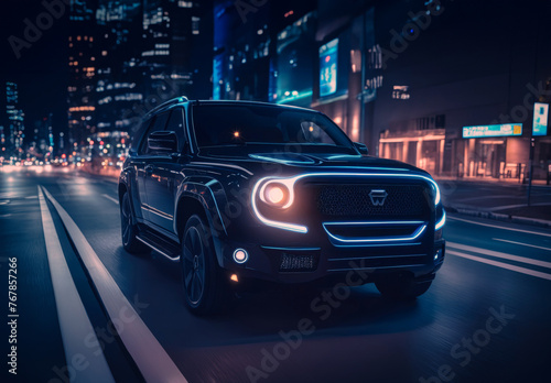 Front view of a big SUV driving on a city street at night. Car  modern vehicle  automotive concept