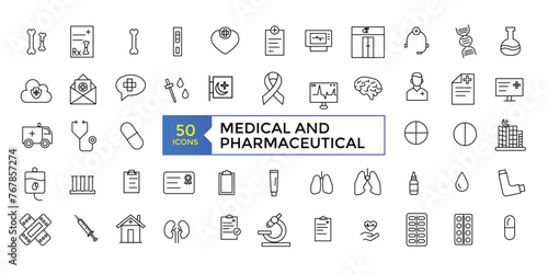 Pharmacy icon set. medication, prescription, treatment, health and syringe symbol. scientific discovery and disease prevention signs. Medical healthcare, doctor line icons.