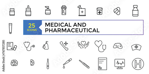 Pharmacy icon set. medication, prescription, treatment, health and syringe symbol. scientific discovery and disease prevention signs. Medical healthcare, doctor line icons.