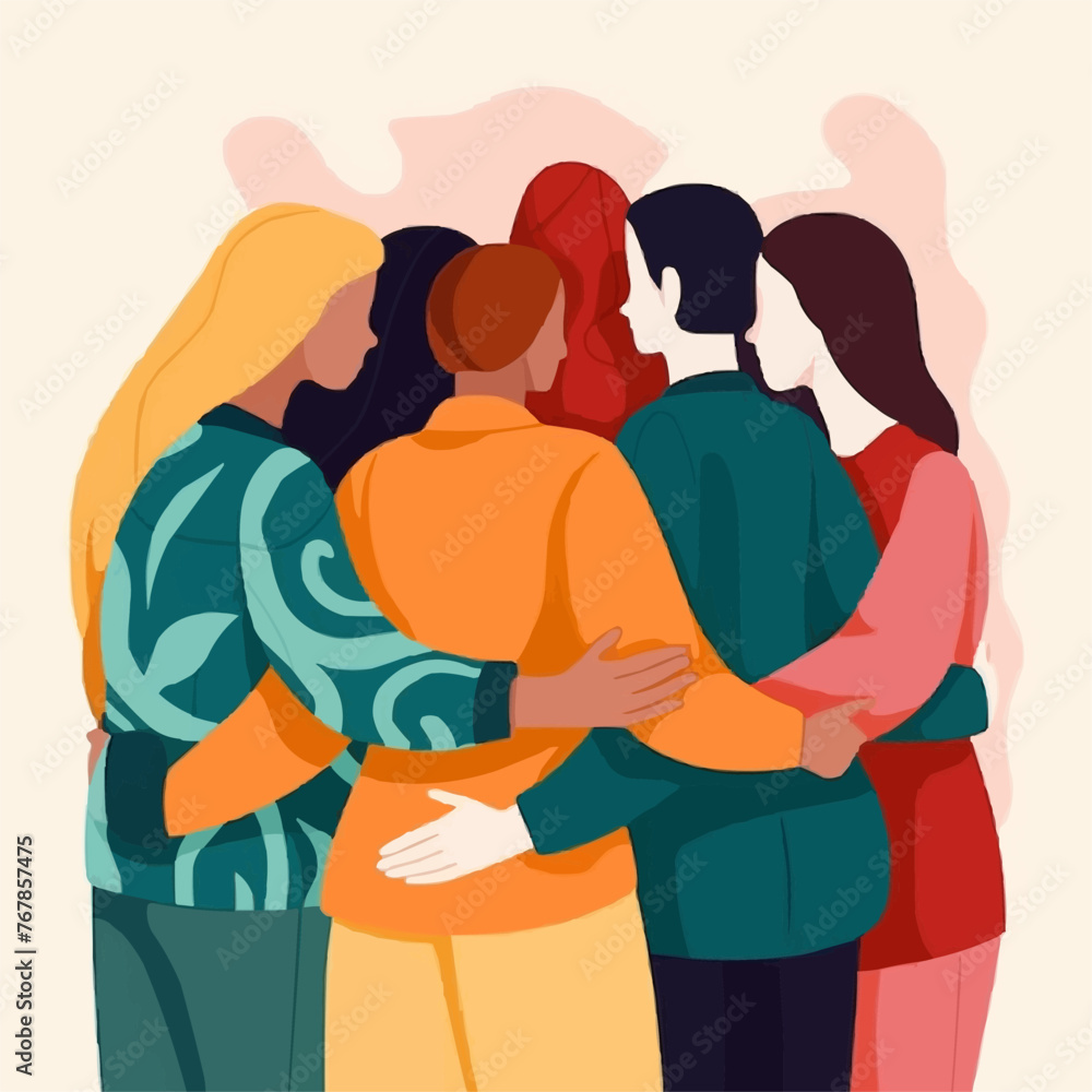 Group of abstract diverse people. Friends or coworkers are standing, hugging, posing together. Cartoon characters. Teamwork, togetherness, friendship concept. Hand drawn colorful Vector illustration