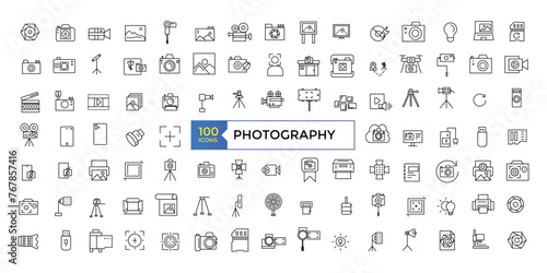 Photographer, photography, types of Photography - thin line web icon set. Outline photo icons. Photography studio light, film cameras and camera on tripod line.