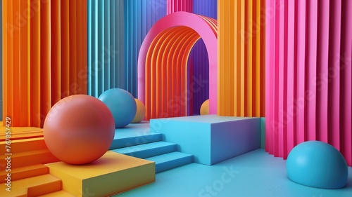 Vibrant abstract installation featuring colorful columns and geometric shapes