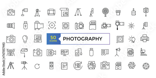 Photographer, photography, types of Photography - thin line web icon set. Outline photo icons. Photography studio light, film cameras and camera on tripod line.