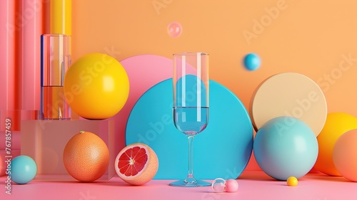 Colorful still life 3 dimensional composition with citrus and balls on pastel background