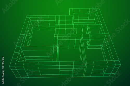 Architecture building. Modern house plan. Wireframe low poly mesh vector illustration.