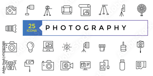 Photographer, photography, types of Photography - thin line web icon set. Outline photo icons. Photography studio light, film cameras and camera on tripod line.