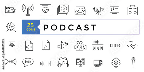 Podcast and Audio line icon set. E-learning, education, online school, webinar thin line icons. For website marketing design