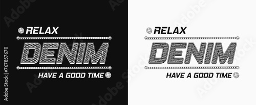 Denim style horizontal label with typography, textured letters, jeans buttons, stitches. Detailed monochrome composition in vintage style on black, white background.