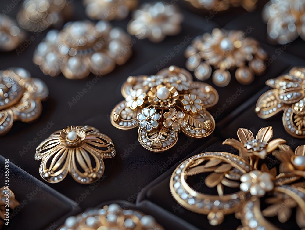 Close-up view of a collection of ornate vintage gold brooches, each embellished with pearls and intricate designs, displayed elegantly. Close-up view of a collection of ornate vintage gold brooches, each embellished with pearls and intricate designs, displayed elegantly.