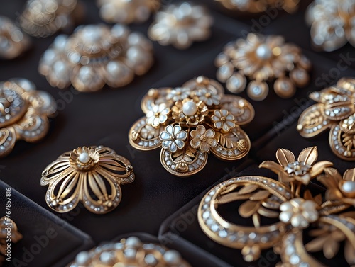Close-up view of a collection of ornate vintage gold brooches, each embellished with pearls and intricate designs, displayed elegantly.