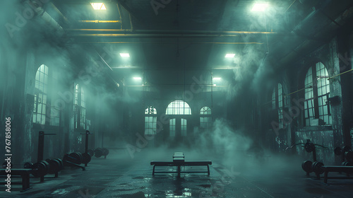 The scene of a fog-enshrouded gym with vintage weightlifting gear, creating a mysterious and intense training environment
