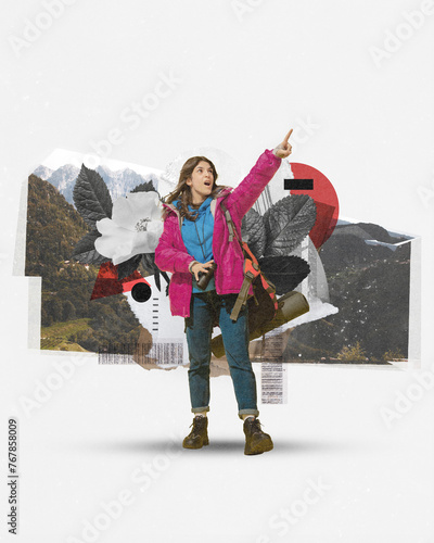Emotional young woman with backpacks and items for camping, pointing with shocked face against nature abstract background. Contemporary art. Concept of tourism, active lifestyle, travelling, vacation