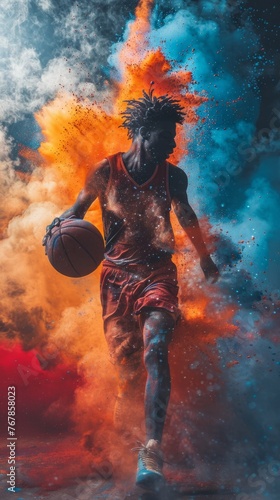 Dynamic portrait of African-American man playing basketball and running in colorful dust. Movement. © Lustre Art Group 