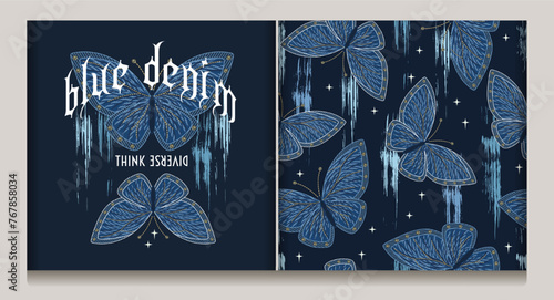 Logo, label, seamless pattern with denim butterfly, smudged, smeared paint, small stars. Boho mystery design. For clothing, t shirt, surface design.