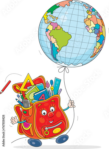 Funny cartoony Schoolbag completed with textbooks, exercise-books, rules, pencils and pens walking with an air balloon globe, vector cartoon illustration isolated on a white background
