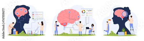 Neurology, test of nervous system and disease treatment set. Tiny people study huge brain with EEG machine and magnifying glass, neurologists check electroencephalography cartoon vector illustration