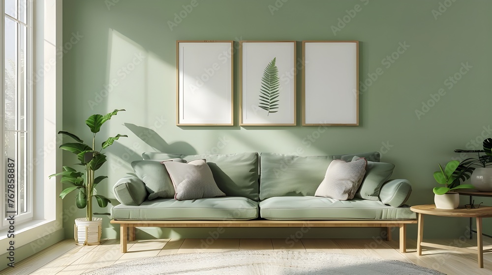 Fototapeta premium Rustic cabinet near white tufted sofa against concrete wall with art poster. Minimalist, loft, urban home interior design of modern living room.