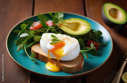 Poached egg on a toast with avocado and salad in a plate. Healthy breakfast.