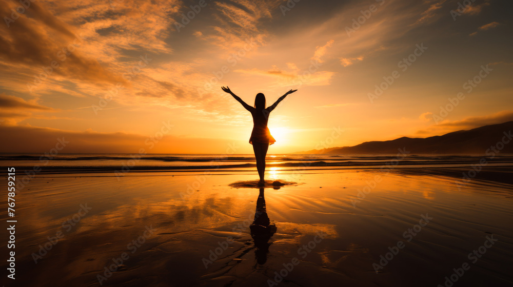 Silhouette of Woman Celebrating Freedom at Sunset on Beach