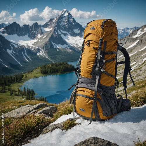  Develop a bag image featuring a rugged backpack or hiking pack set against the majestic backdrop of snow-capped mountains and alpine meadows. Capture the bag in action, perhaps strapped to a hiker ex