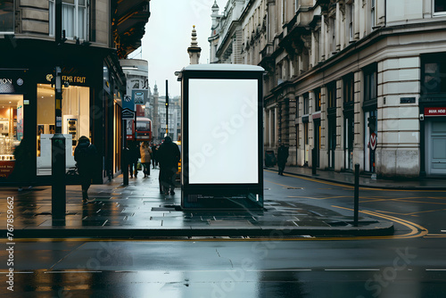 a london street pavement advertising board, we see the advertising board front, straight on, the board is blank white © john