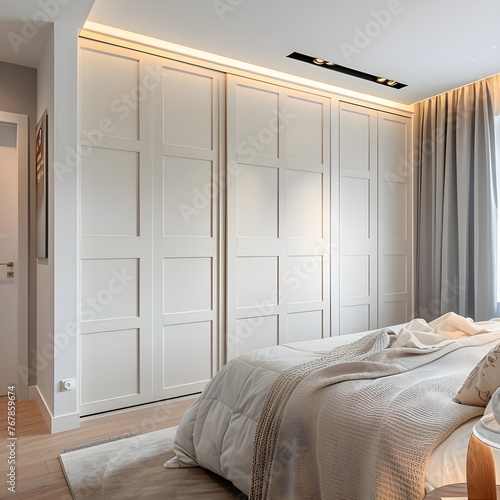 White wooden wardrobe with sliding doors in scandinavian style interior design of modern bedroom. © Muzikitooo