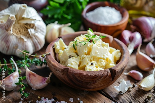 A wooden bowl on a table filled with creamy mashed potatoes mixed with garlic