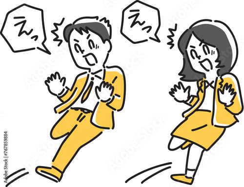 驚いて後ろに引く男女