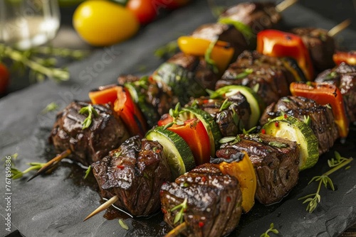 A close-up view of a skewer containing tender pieces of meat and assorted vegetables