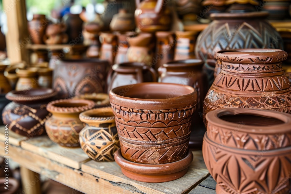 Numerous brown vases are arranged neatly on a wooden table, creating a visually appealing display of artisan handcrafts