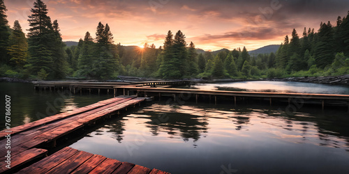 A vibrant sunset paints the sky over a tranquil forest lake pier Generative AI