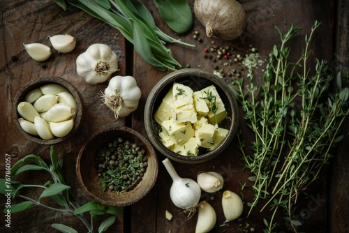 A wooden table is adorned with bowls filled with fresh garlic cloves, butter, and various herbs