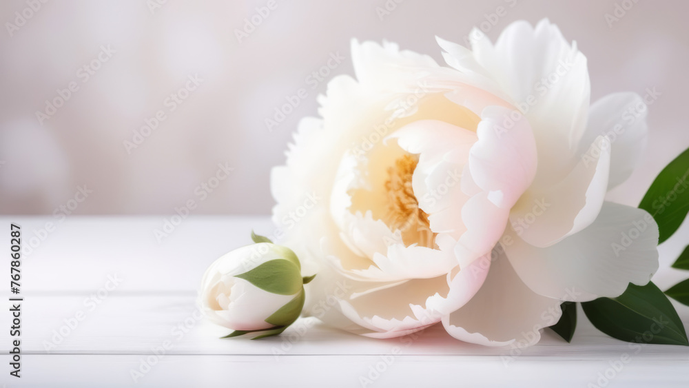 A delicate white double peony flower lies horizontally on a white wooden table on a white and pink blurred background. Banner.