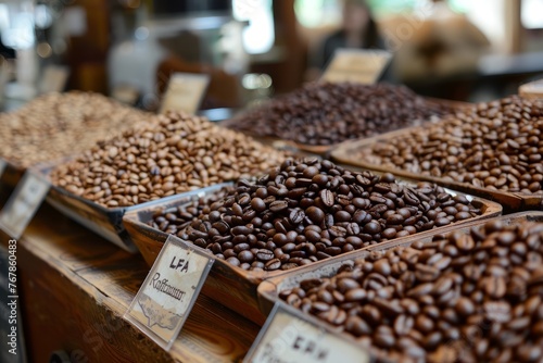 A collection of various types of coffee beans, showcasing their different colors, shapes, and sizes