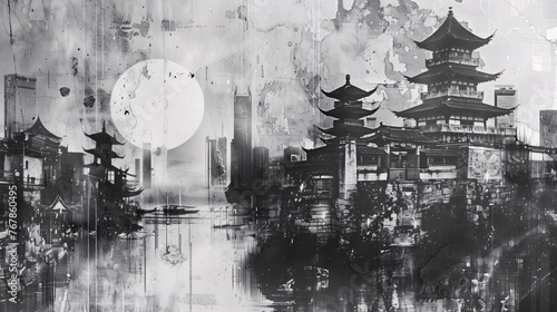 Craft a vintage grunge black and white collage poster featuring an Asian cityscape. Incorporate diverse textures and shapes for a dynamic visual composition photo