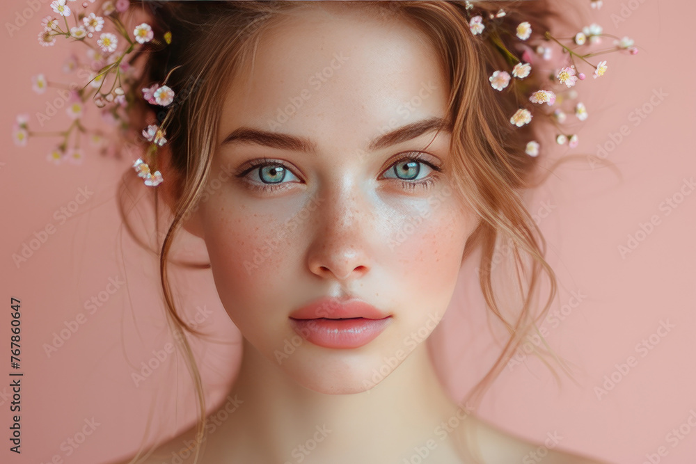 Beauty portrait of young woman with flowers in her hair. Beauty portrait of young woman with flowers in her hair.