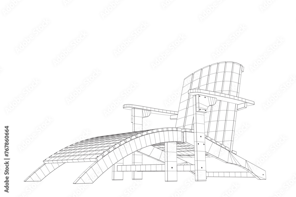 Wireframe of beach chair isolated on white background. Contour wood Sun lounger. Beach wooden lounger summer sunbed vector illustration isolated on white background. 3D