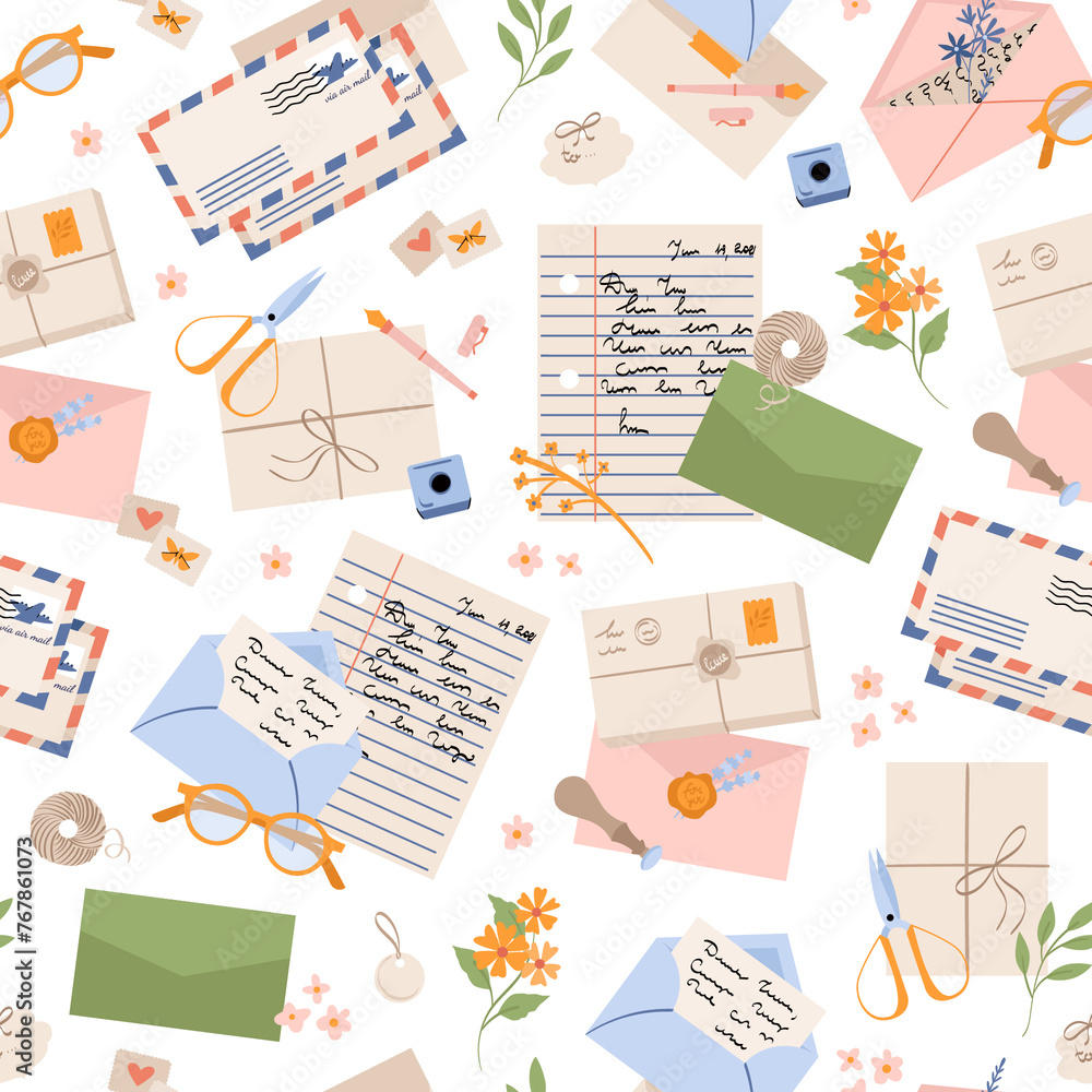 Hand drawn flat mail background with letters and stamps