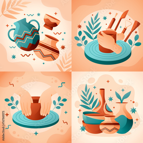 Pottery illustrations in flat design