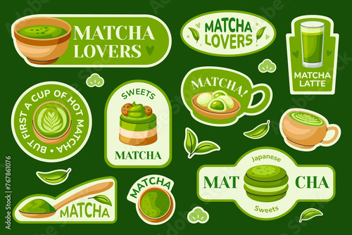 Matcha tea stickers in flat design