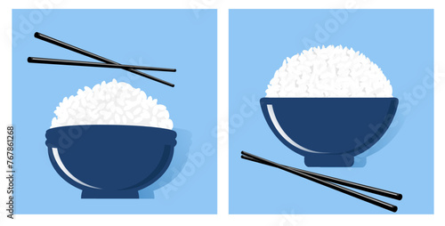 Rice bowl with chopsticks on blue backgrounds vector.