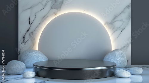 minimal display podium with marble stone background