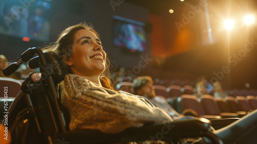 Woman in wheelchair at cinema, smiling